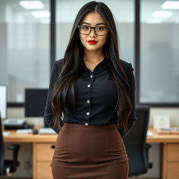 A 19-year-old female secretary of mixed Japanese and Caucasian ethnicity, featuring a curvy body type with huge, extremely large silicone breasts and a big ass