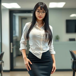 A 19-year-old female secretary of mixed Japanese and Caucasian ethnicity, featuring a curvy body type with huge, extremely large silicone breasts and a big ass