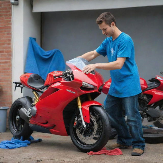 A young man thoroughly washing a life-sized, radiant red Ducati motorbike with a bold blue microfiber cloth, infusing the scene with his diligence and passion