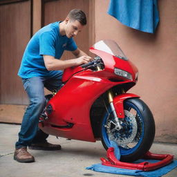 A young man thoroughly washing a life-sized, radiant red Ducati motorbike with a bold blue microfiber cloth, infusing the scene with his diligence and passion