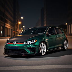 A dark green Mk7 Volkswagen Golf R parked in a dimly lit urban environment at night