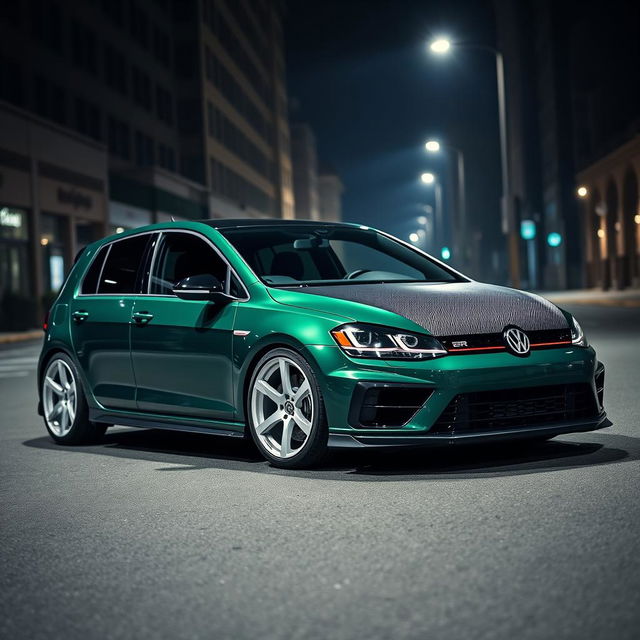 A dark green Mk7 Volkswagen Golf R parked in a dimly lit urban environment at night