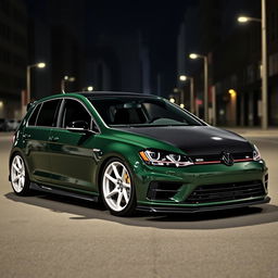 A dark green Mk7 Volkswagen Golf R parked in a dimly lit urban environment at night