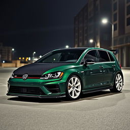 A dark green Mk7 Volkswagen Golf R parked in a dimly lit urban environment at night