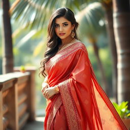 A stunning and elegant Indian woman wearing a beautifully draped saree that accentuates her curves, showcasing intricate patterns and vibrant colors