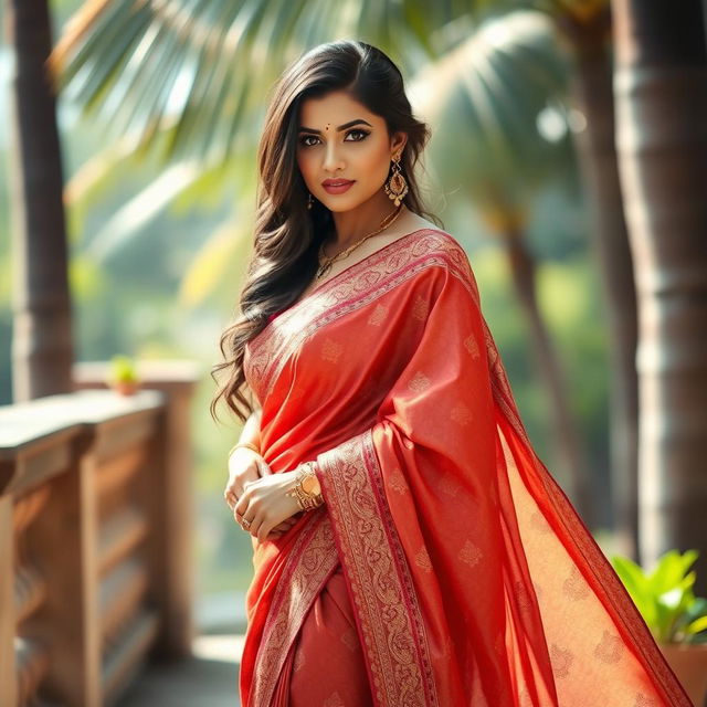 A stunning and elegant Indian woman wearing a beautifully draped saree that accentuates her curves, showcasing intricate patterns and vibrant colors