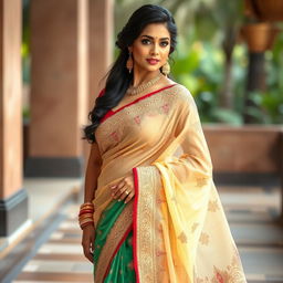 A stunning and elegant Indian woman wearing a beautifully draped saree that accentuates her curves, showcasing intricate patterns and vibrant colors