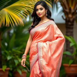 A stunning and elegant Indian woman wearing a beautifully draped saree that accentuates her curves, showcasing intricate patterns and vibrant colors