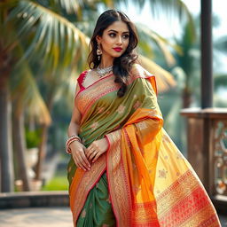 A stunning and elegant Indian woman wearing a beautifully draped saree that accentuates her curves, showcasing intricate patterns and vibrant colors