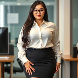 A 19-year-old female secretary of Japanese ethnicity, featuring a curvy body type with huge, extremely large silicone breasts and a big ass