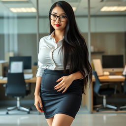 A 19-year-old female secretary of Japanese ethnicity, featuring a curvy body type with huge, extremely large silicone breasts and a big ass
