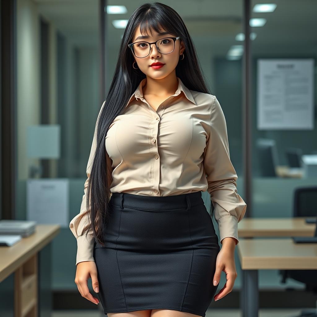 A 19-year-old female secretary of Japanese ethnicity, featuring a curvy body type with huge, extremely large silicone breasts and a big ass