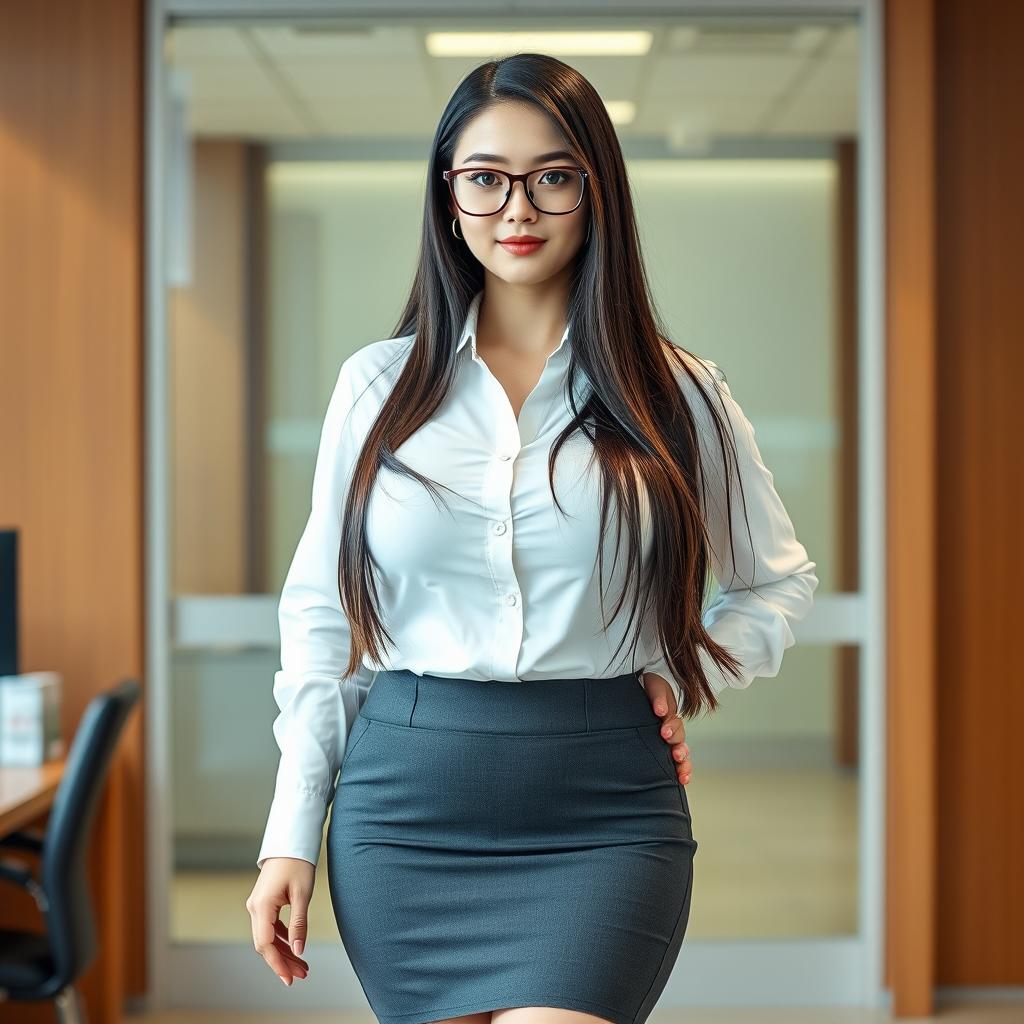 A 19-year-old female secretary of mixed Japanese and Caucasian ethnicity, featuring a curvy body type with huge, extremely large silicone breasts and a big ass