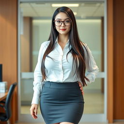 A 19-year-old female secretary of mixed Japanese and Caucasian ethnicity, featuring a curvy body type with huge, extremely large silicone breasts and a big ass