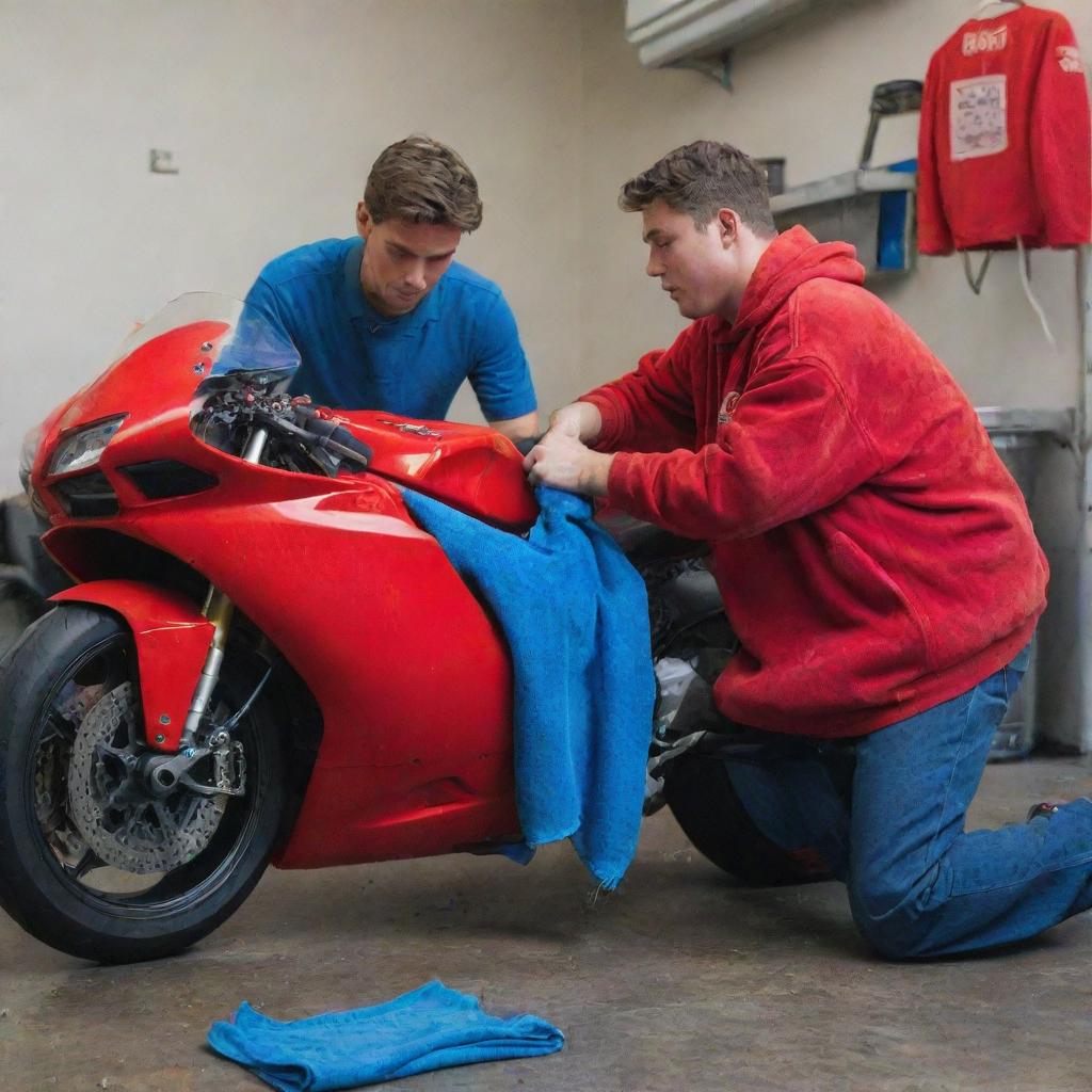 A still image capturing a young man earnestly washing a life-sized, flaming red Ducati motorbike with a small, striking blue microfiber cloth, showing vivid colors and meticulous detailing