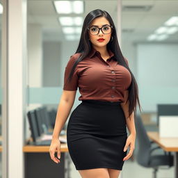 A 19-year-old female secretary of Brazilian and Caucasian ethnicity, showcasing a curvy body type with huge, extremely large silicone breasts and a big ass