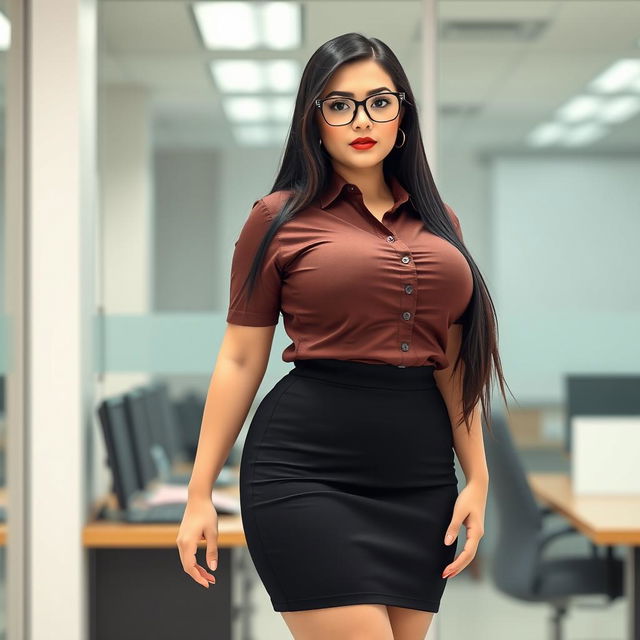 A 19-year-old female secretary of Brazilian and Caucasian ethnicity, showcasing a curvy body type with huge, extremely large silicone breasts and a big ass