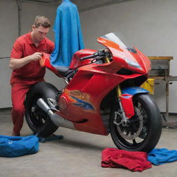 A still image capturing a young man earnestly washing a life-sized, flaming red Ducati motorbike with a small, striking blue microfiber cloth, showing vivid colors and meticulous detailing