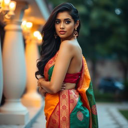 An attractive Indian woman dressed in a traditional saree that highlights her curves, beautifully draped and revealing her figure tastefully