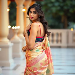 An attractive Indian woman dressed in a traditional saree that highlights her curves, beautifully draped and revealing her figure tastefully