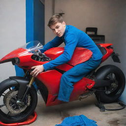 A still image capturing a young man earnestly washing a life-sized, flaming red Ducati motorbike with a small, striking blue microfiber cloth, showing vivid colors and meticulous detailing