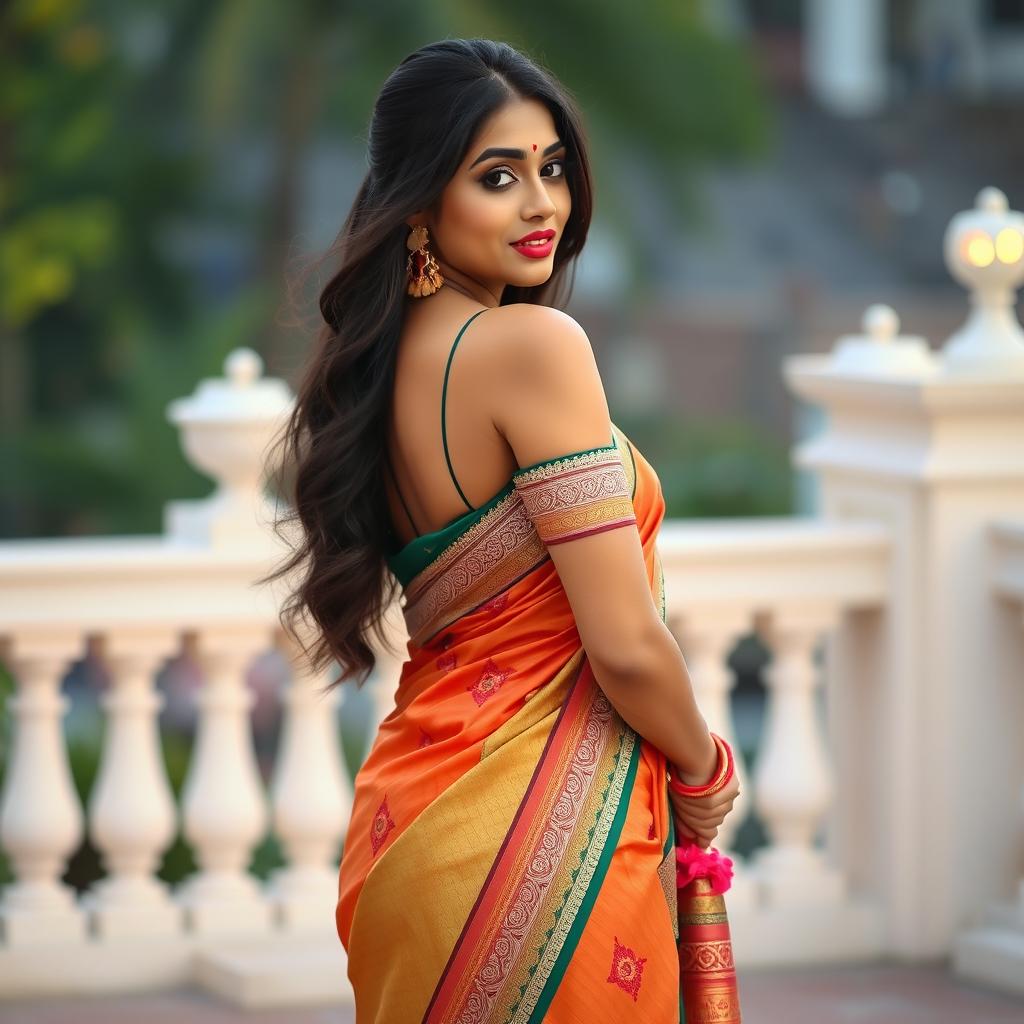 An attractive Indian woman dressed in a traditional saree that highlights her curves, beautifully draped and revealing her figure tastefully