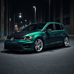 A dark green, four-door MK7 Volkswagen Golf R with a fully black carbon fiber hood, stylishly parked in a dimly lit urban street