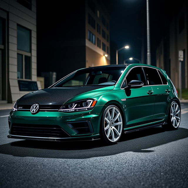 A dark green, four-door MK7 Volkswagen Golf R with a fully black carbon fiber hood, stylishly parked in a dimly lit urban street