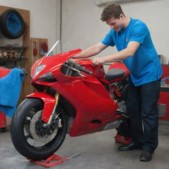 A still image capturing a young man earnestly washing a life-sized, flaming red Ducati motorbike with a small, striking blue microfiber cloth, showing vivid colors and meticulous detailing