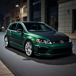A dark green, four-door MK7 Volkswagen Golf R with a fully black carbon fiber hood, stylishly parked in a dimly lit urban street
