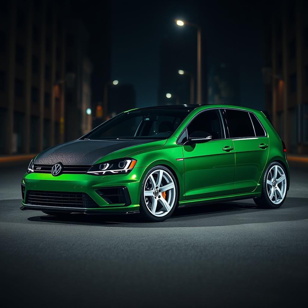 A dark green, four-door MK7 Volkswagen Golf R with a fully black carbon fiber hood, stylishly parked in a dimly lit urban street