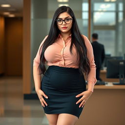 A 19-year-old female secretary of Brazilian and Caucasian ethnicity, showcasing a curvy body type with huge, extremely large silicone breasts and a big ass