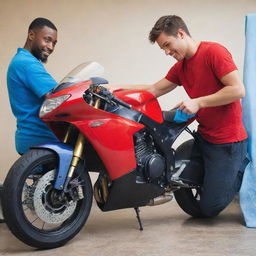 A dynamic still image of a young man diligently washing his life-sized, vibrant red motorbike with a small, deep blue microfiber cloth, emphasizing the contrast of colors and his meticulous care