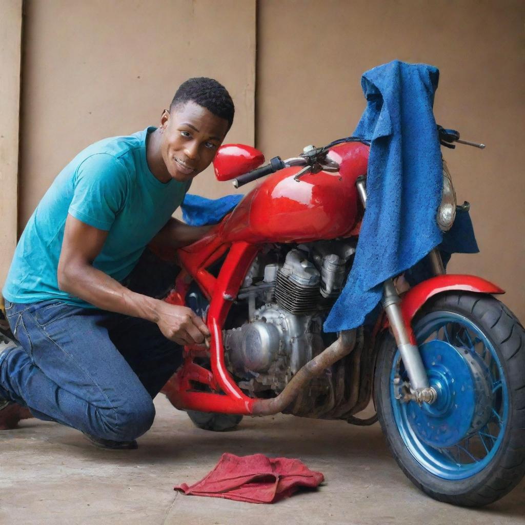 A dynamic still image of a young man diligently washing his life-sized, vibrant red motorbike with a small, deep blue microfiber cloth, emphasizing the contrast of colors and his meticulous care