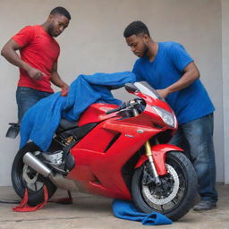 A dynamic still image of a young man diligently washing his life-sized, vibrant red motorbike with a small, deep blue microfiber cloth, emphasizing the contrast of colors and his meticulous care