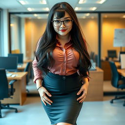A 19-year-old female secretary of Japanese ethnicity, featuring a curvy body type with huge, extremely large silicone breasts and a big ass