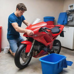 A dynamic still image of a young man diligently washing his life-sized, vibrant red motorbike with a small, deep blue microfiber cloth, emphasizing the contrast of colors and his meticulous care