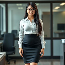 A 19-year-old female secretary of Japanese ethnicity, featuring a curvy body type with huge, extremely large silicone breasts and a big ass