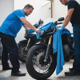 A detailed image of a couple working together to carefully wash their motorbike with a small, vivid blue microfiber cloth