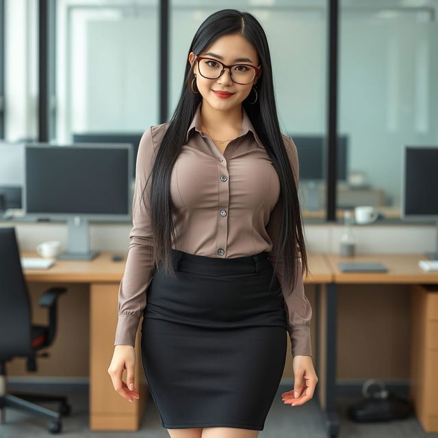 A 19-year-old female secretary of Japanese ethnicity, featuring a curvy body type with huge, extremely large silicone breasts and a big ass