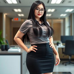A 19-year-old female secretary of Japanese ethnicity, featuring a curvy body type with huge, extremely large silicone breasts and a big ass
