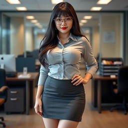 A 19-year-old female secretary of Japanese ethnicity, featuring a curvy body type with huge, extremely large silicone breasts and a big ass