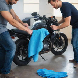 A detailed image of a couple working together to carefully wash their motorbike with a small, vivid blue microfiber cloth