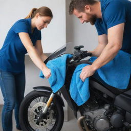 A detailed image of a couple working together to carefully wash their motorbike with a small, vivid blue microfiber cloth