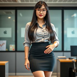 A 19-year-old female secretary of Japanese ethnicity, featuring a curvy body type with huge, extremely large silicone breasts and a big ass