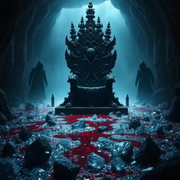 A dark throne situated in a dimly lit cavern, the throne itself ornate and heavy, made of twisted black metal and decorated with sinister carvings of ancient creatures