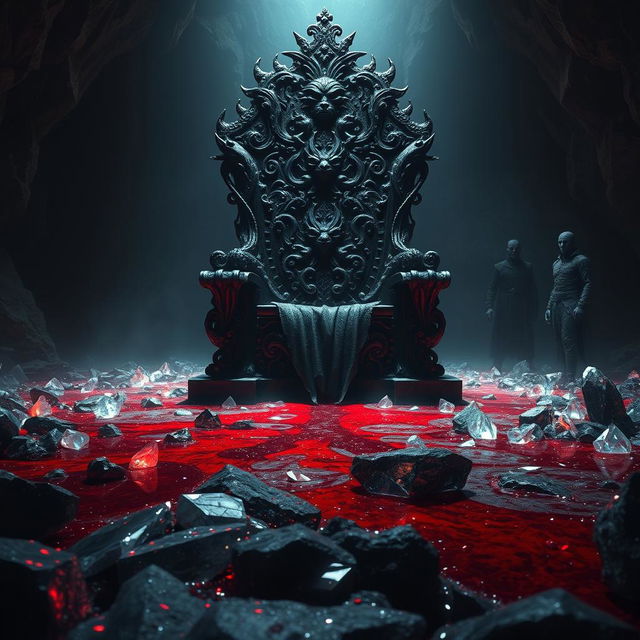 A dark throne situated in a dimly lit cavern, the throne itself ornate and heavy, made of twisted black metal and decorated with sinister carvings of ancient creatures