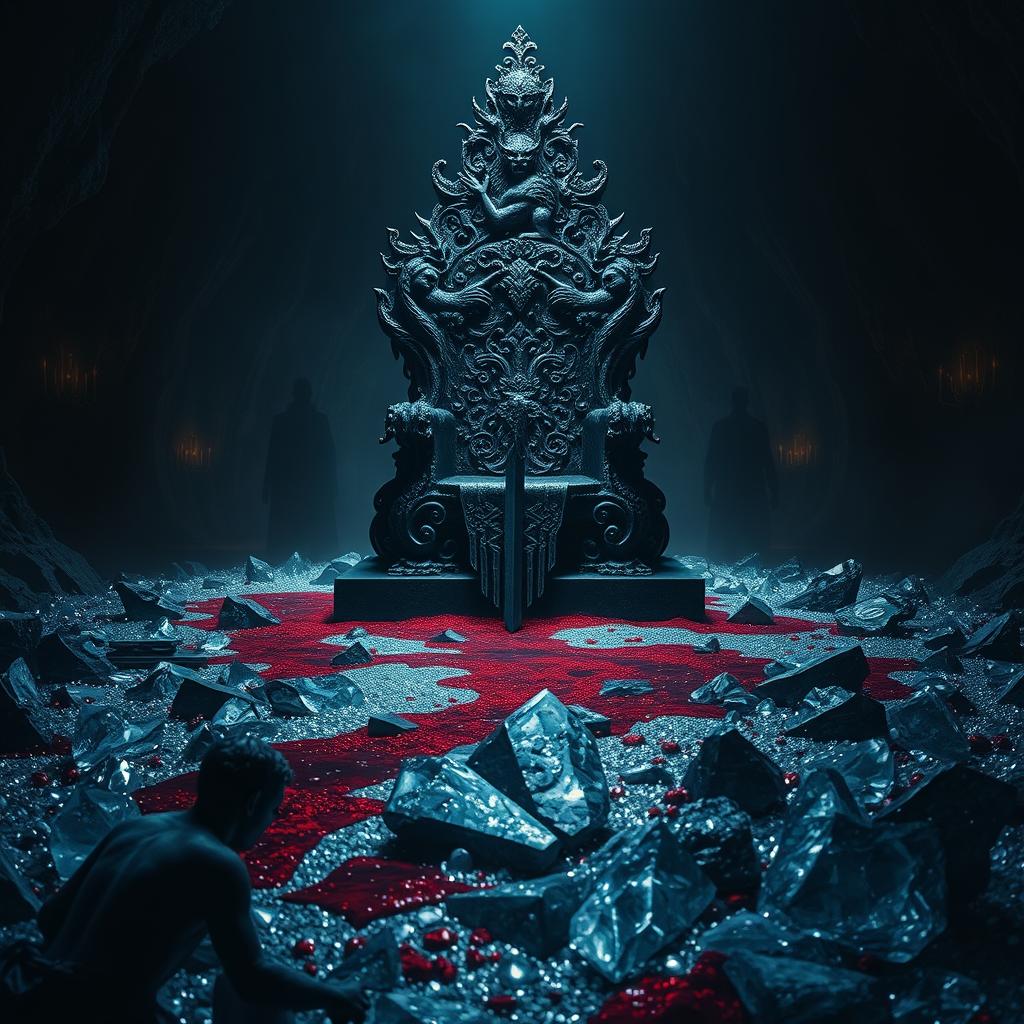 A dark throne situated in a dimly lit cavern, the throne itself ornate and heavy, made of twisted black metal and decorated with sinister carvings of ancient creatures