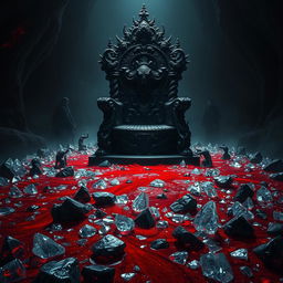 A dark throne situated in a dimly lit cavern, the throne itself ornate and heavy, made of twisted black metal and decorated with sinister carvings of ancient creatures