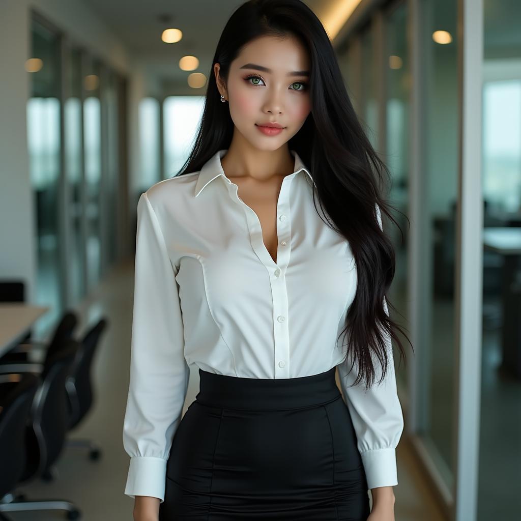 A hot Korean female secretary, 19 years old, with a curvy body and an extremely large silicone-enhanced bust, hard nipples visible through her tight button-down shirt